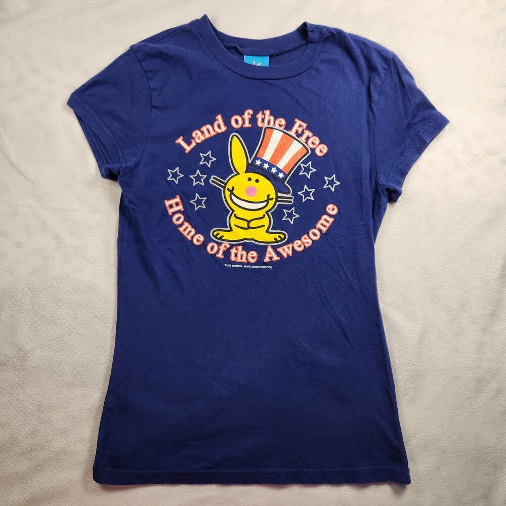 Happy Bunny Y2K American Graphic Baby Tee Cotton Red Blue - Juniors Medium